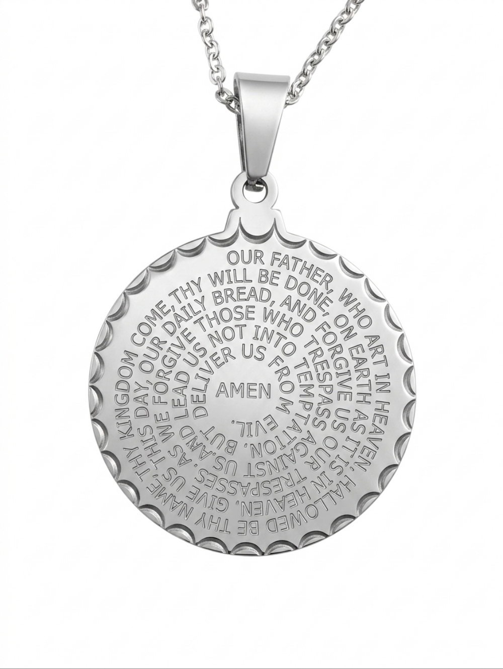 Steeltime Stainless Steel Lord's Prayer Engraved Round Medallion Necklace